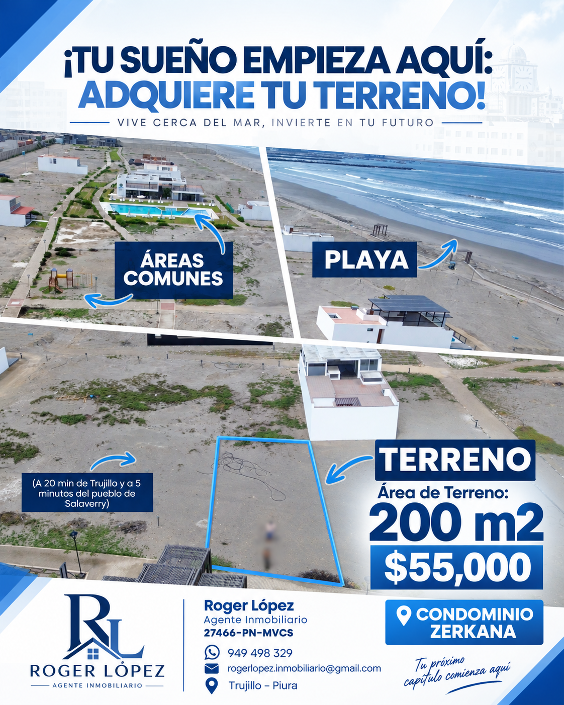 Terreno con vista al mar 200 m² en Condominio Club Playa Zerkana