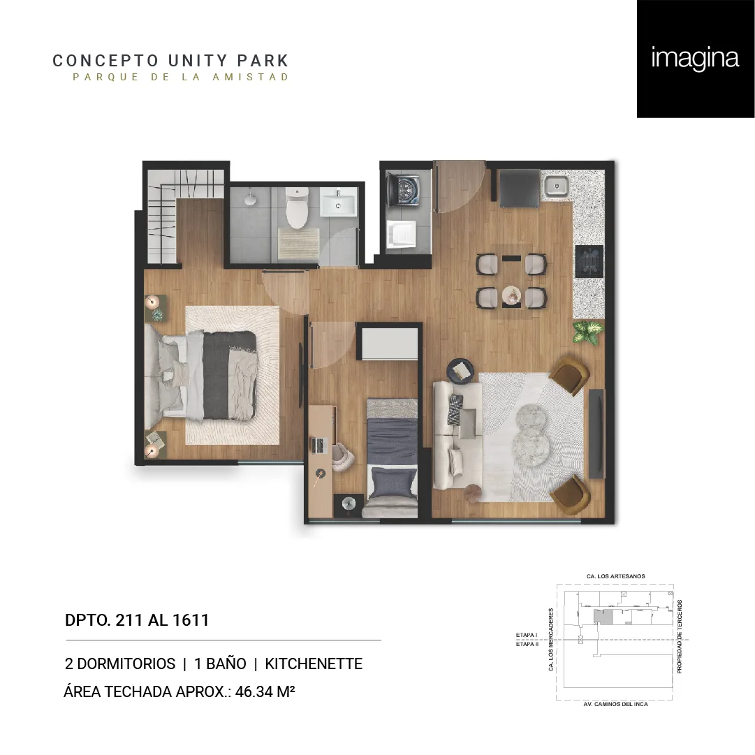 Modelo 1.5 Dormitorio + Kitchenette · Pisos 13, 14, 15, 16