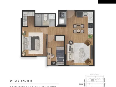 Modelo 1.5 Dormitorio + Kitchenette · Pisos 13, 14, 15, 16