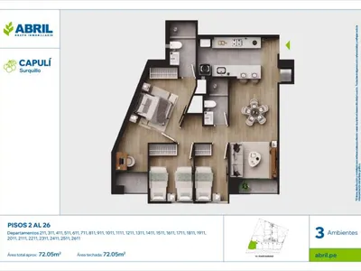 Departamento 3 dorm. 72.05 m²