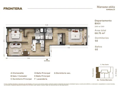 Departamento 2 dorm. 68.75 m²