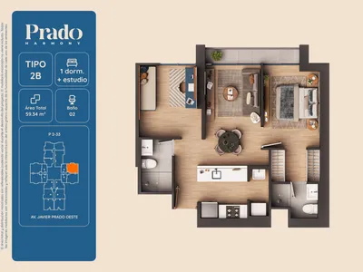 Departamento 2 dorm. 59.34 m²