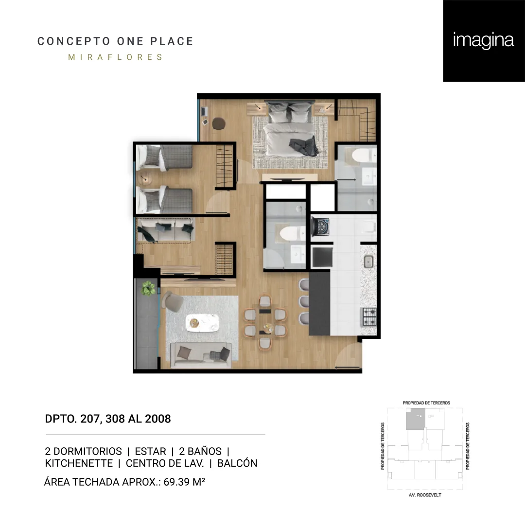 Modelo 2 Dormitorios + Estar + Kitchenette · Pisos 13 al 20