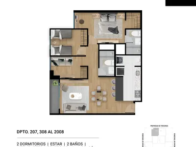Modelo 2 Dormitorios + Estar + Kitchenette · Pisos 13 al 20