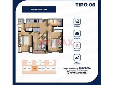 Departamento en venta · Torre Danaus, Surquillo · 53 m², 2 dorm.