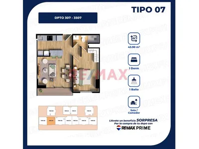 Departamento en venta · Torre Danaus, Surquillo · 44 m², 2 dorm.