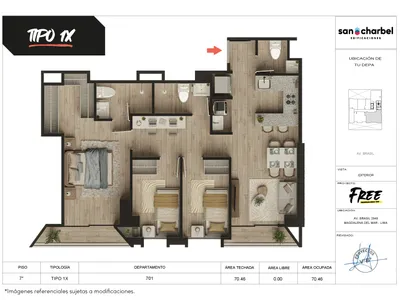 Departamento 3 dorm. 70.46 m²