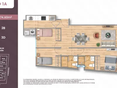 Departamento 3 dorm. 74.42 m²