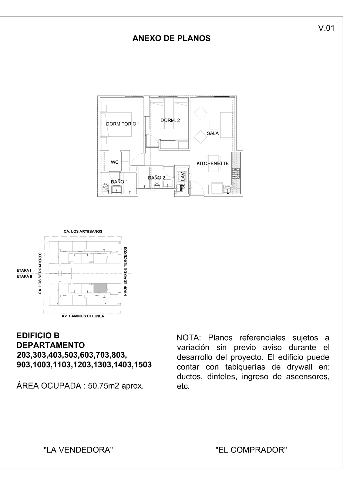 Modelo 2 Dormitorios + Kitchenette · Pisos 2 al 15