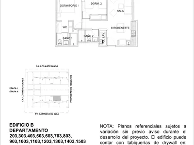 Modelo 2 Dormitorios + Kitchenette · Pisos 2 al 15