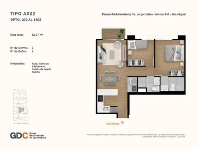 Departamento 2 dorm. 52.27 m²