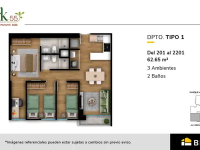 Departamento 3 dorm. 62.65 m²
