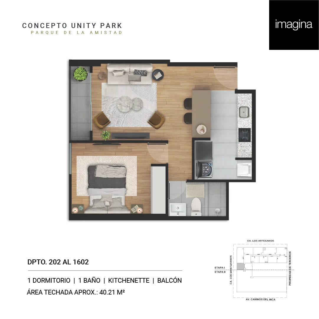 Modelo 1 Dormitorio + Kitchenette · Pisos 13, 14, 15, 16