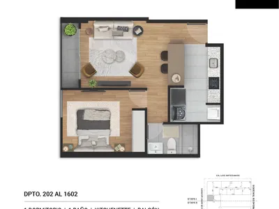 Modelo 1 Dormitorio + Kitchenette · Pisos 13, 14, 15, 16