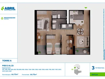 Departamento 3 dorm. 66.71 m²