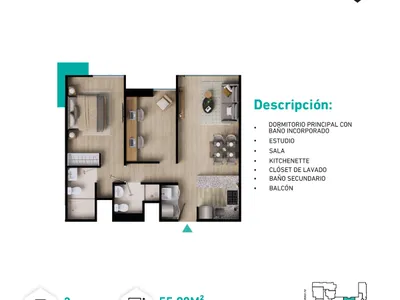 Departamento 2 dorm. 55.9 m²