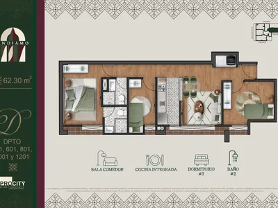 Departamento 3 dorm. 62.3 m²