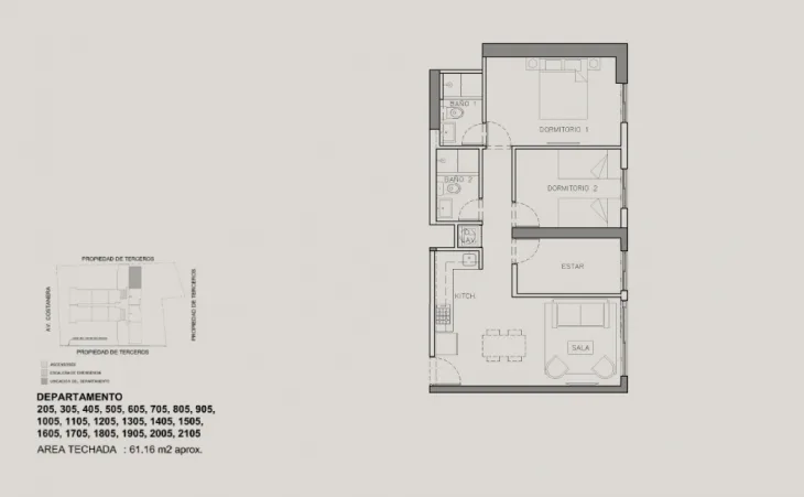 Modelo 2D+E+K · Pisos 1 al 21