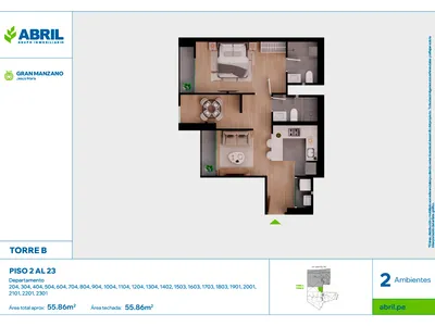 Departamento 2 dorm. 55.72 m²