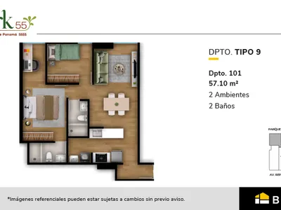 Departamento 2 dorm. 57.1 m²