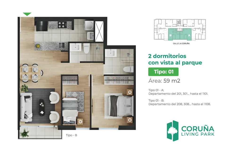 Modelo TIPO 1 - B · Pisos 2 al 10