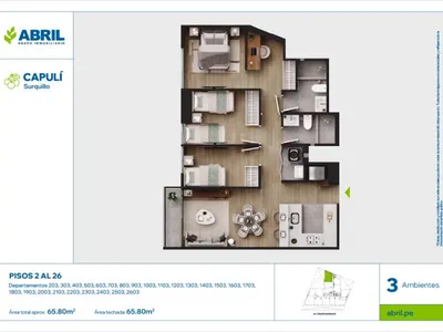 Departamento 3 dorm. 65.8 m²