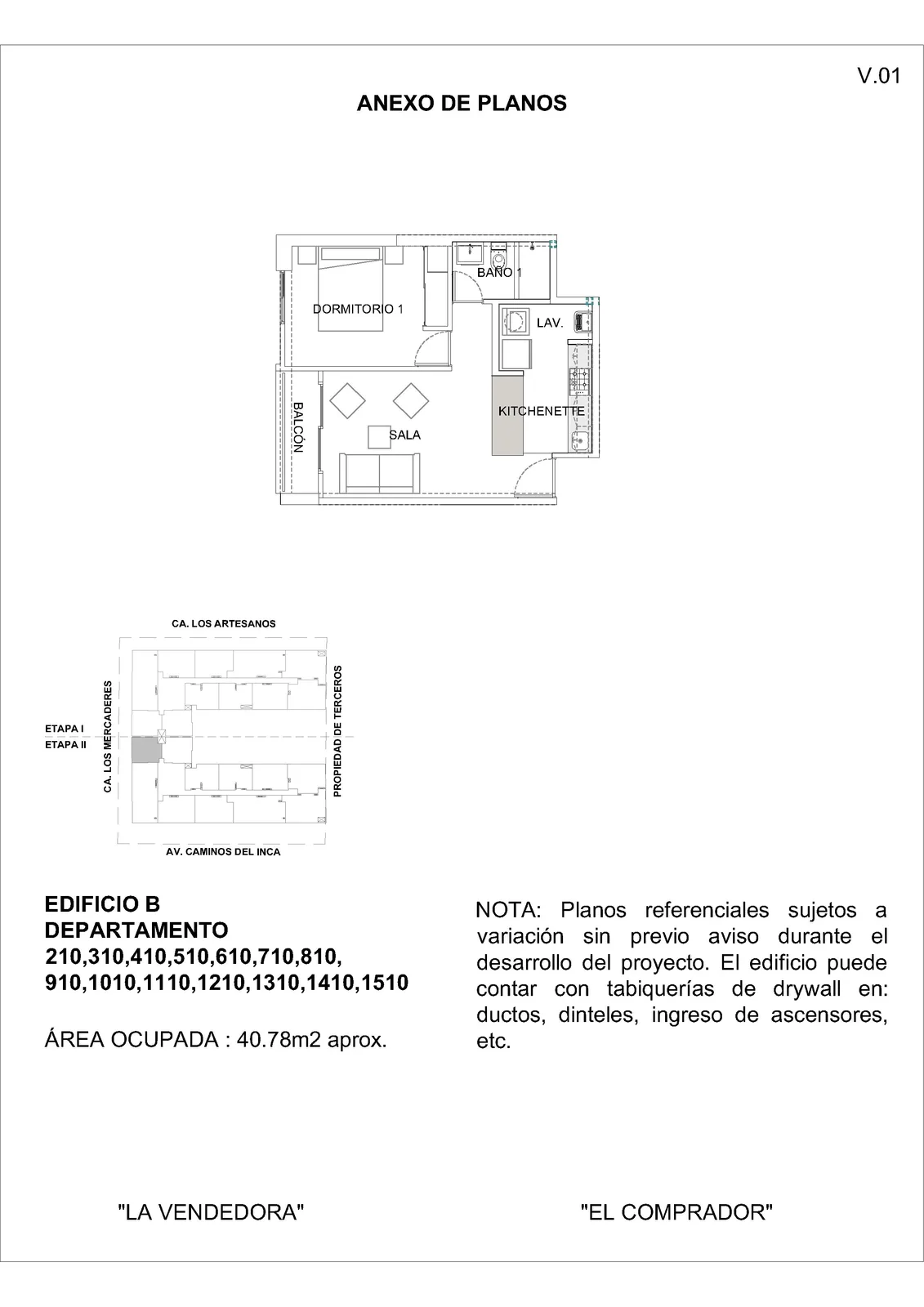 Modelo 1 Dormitorio + Kitchenette · Pisos 2 al 15