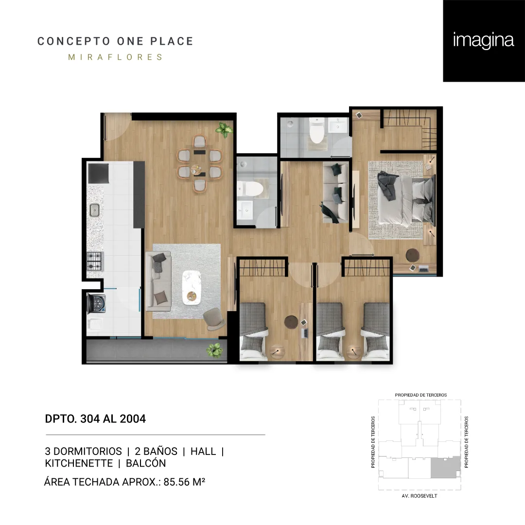 Modelo 3 Dormitorios + Estar + Kitchenette · Pisos 2 al 20