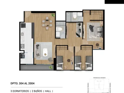 Modelo 3 Dormitorios + Estar + Kitchenette · Pisos 2 al 20