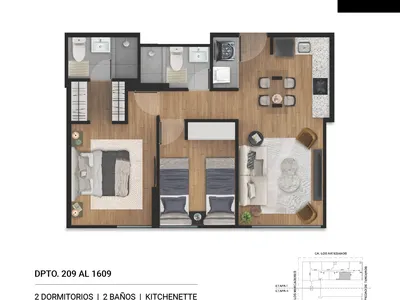 Modelo 2 Dormitorios + Kitchenette · Pisos 15 y 16
