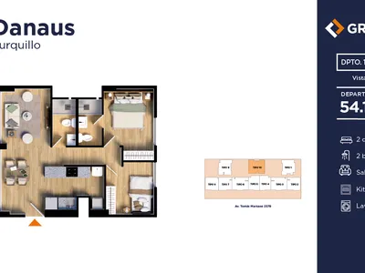 Departamento 2 dorm. 54.1 m²
