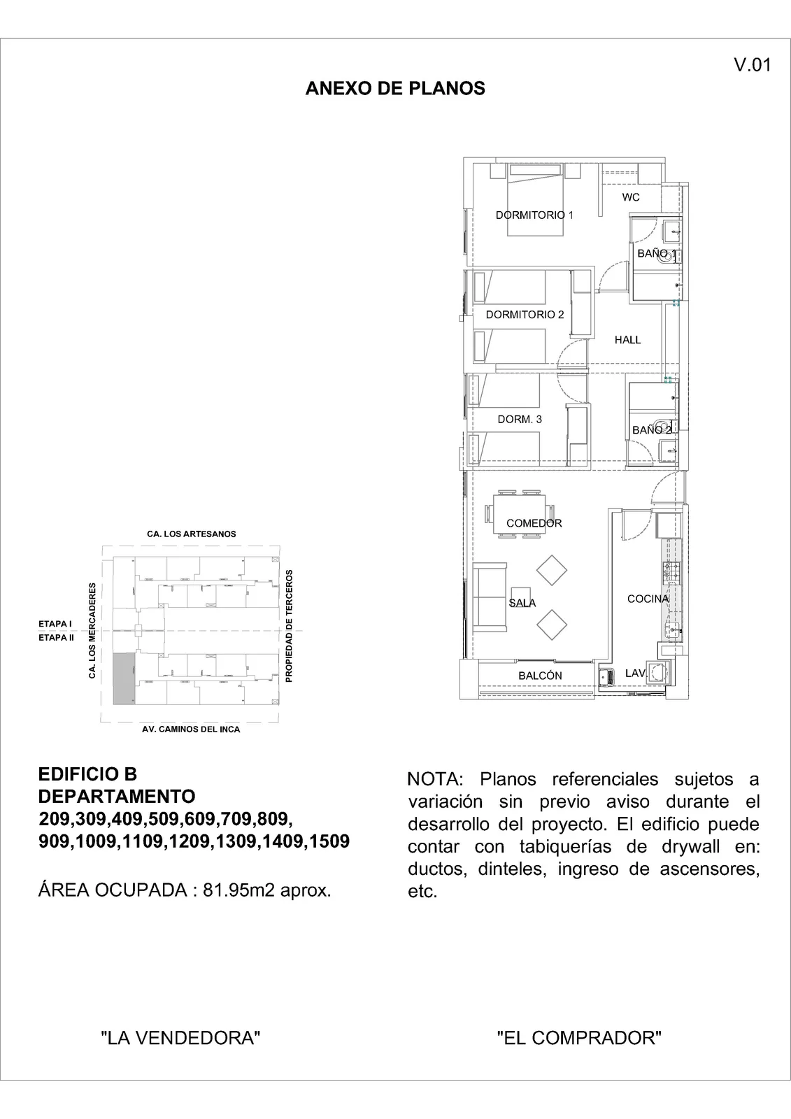 Modelo 3 Dormitorios + Cocina · Pisos 2 al 15