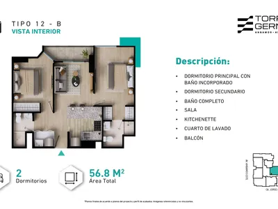Departamento 2 dorm. 56.8 m²