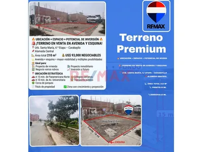 🚨 ¡Terreno En Venta En Avenida Y Esquina! 📍 Urb. Santa María, 4.ª Etapa – Carabayllo 📌 Alameda Central 📐 Área Total 210 M²