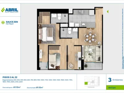 Departamento 3 dorm. 69.1 m²