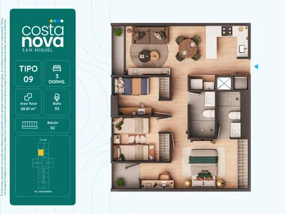 Departamento 3 dorm. 68.81 m²