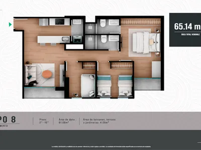 Departamento 3 dorm. 65.14 m²