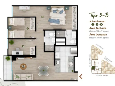 Departamento 3 dorm. 70.41 m²