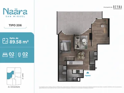 Departamento 2 dorm. 89.58 m²