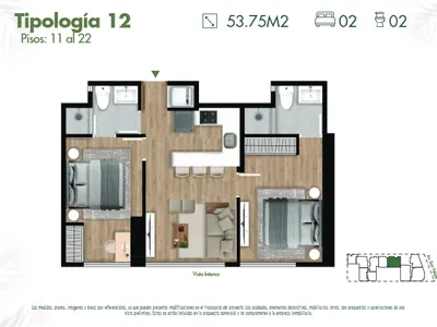 Departamento 2 dorm. 53.75 m²