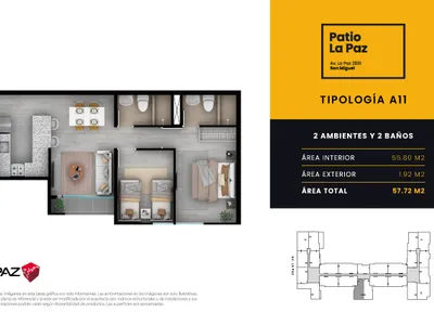 Departamento 2 dorm. 57.72 m²